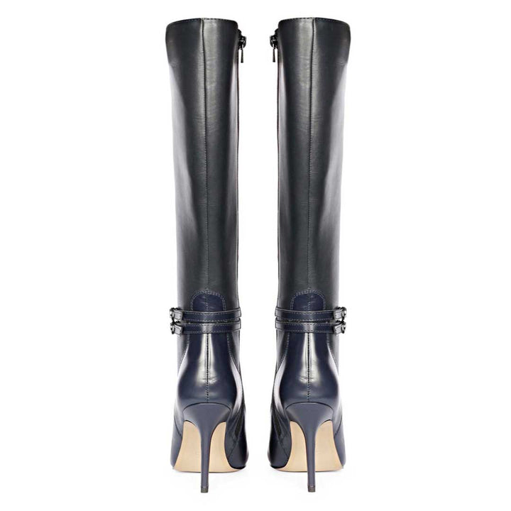 Saint Rey Buckle Decor Black & Blue Leather Long Boots