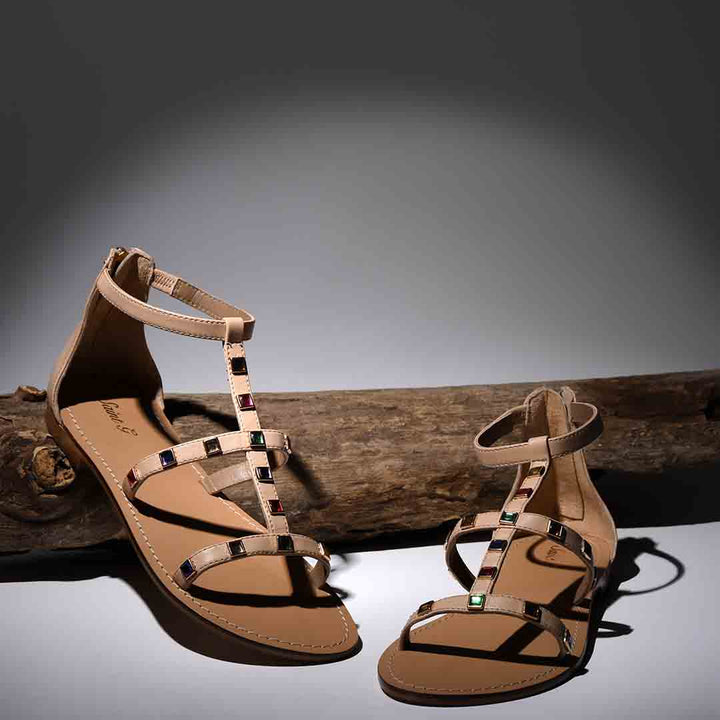 Saint Quincy Multi Stones Studded Natural Leather Sandals