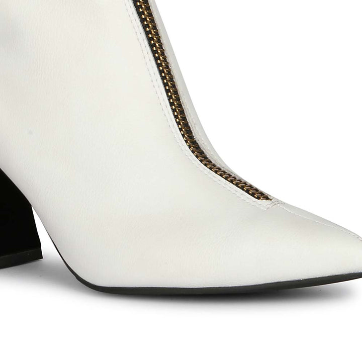 Saint Rose White Leather Front Zipper Pointed Toe Heel Boots