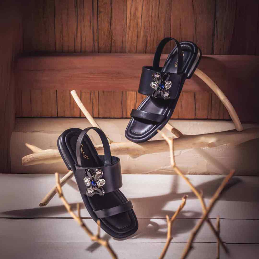 Saint Carona Multi Stone Butterfly Trim Black Leather Sandals