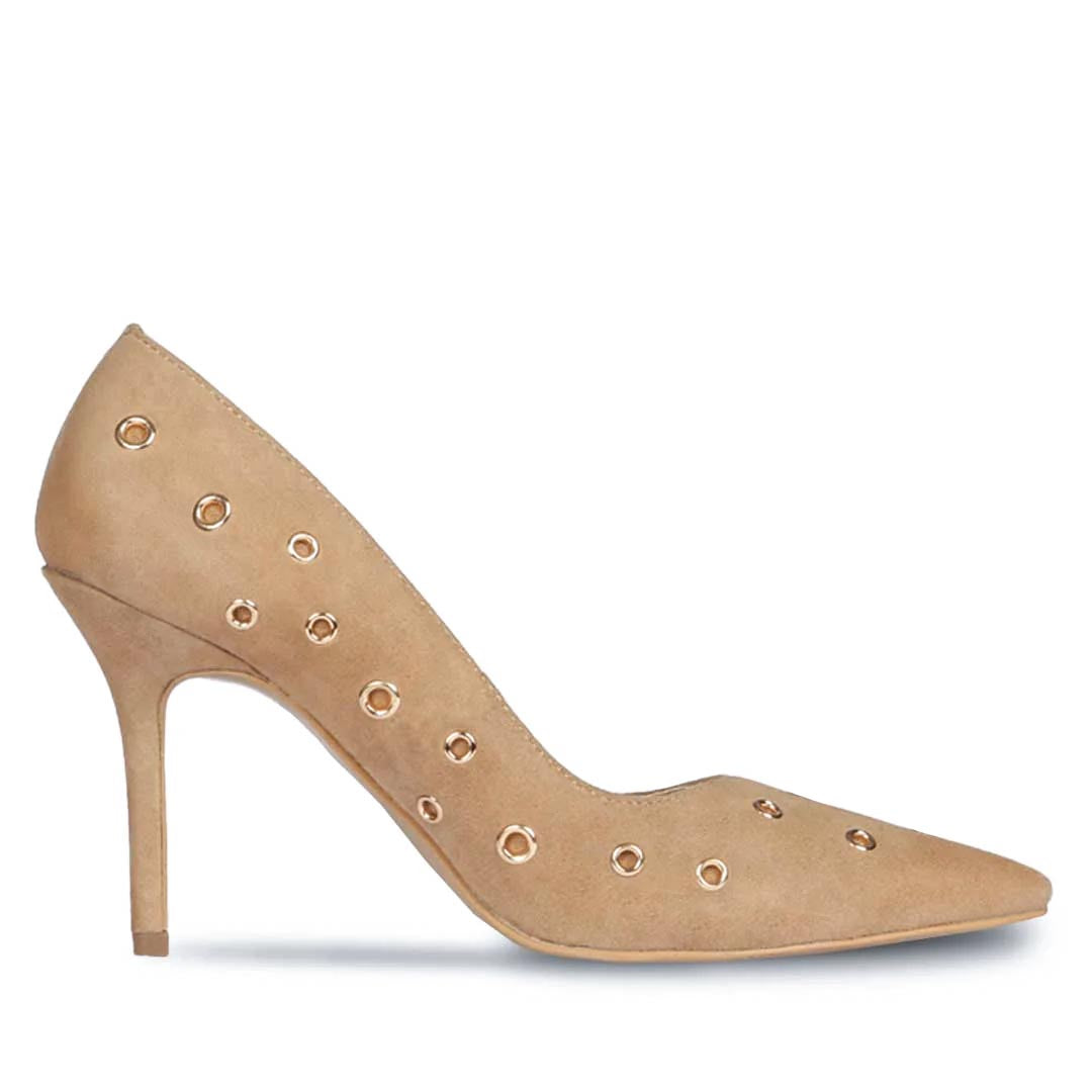 Remi Eyelet Embellished Taupe Suede Leather Pumps