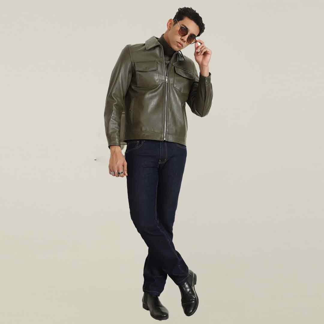 Saint Ruben Olive Leather Men's Jacket With Collars