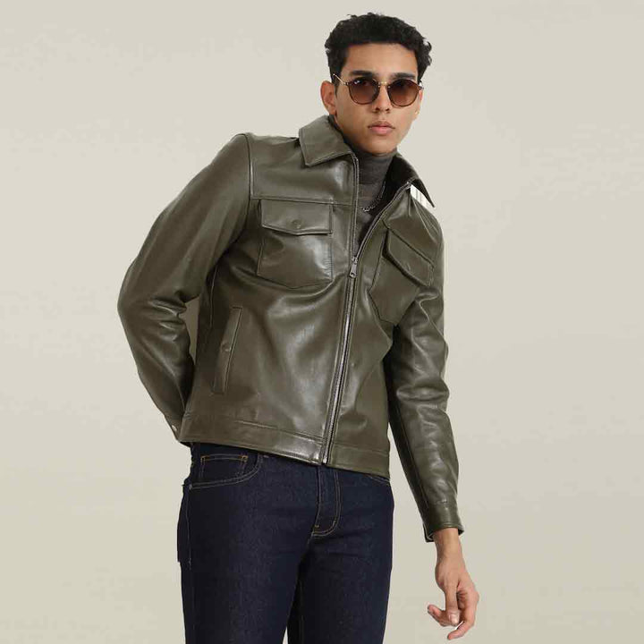 Saint Ruben Olive Leather Men's Jacket With Collars