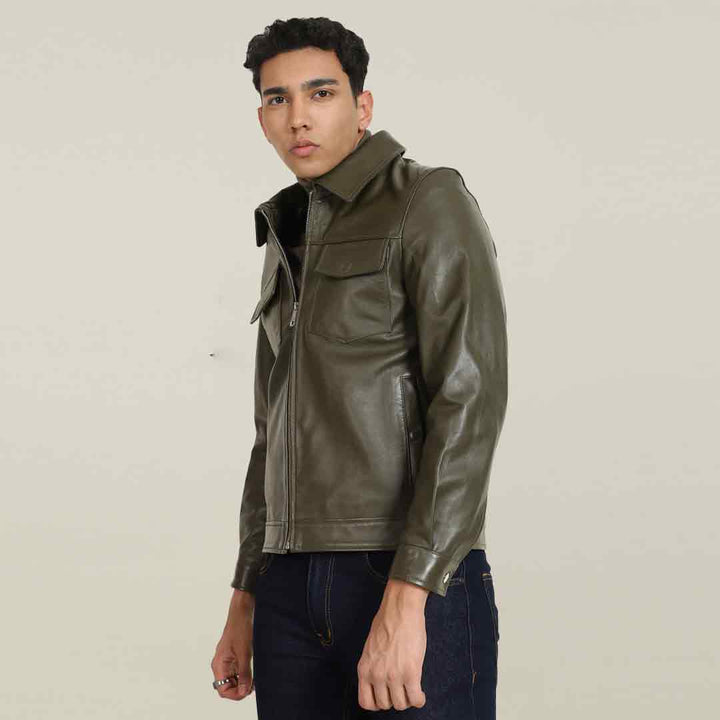 Saint Ruben Olive Leather Men's Jacket With Collars