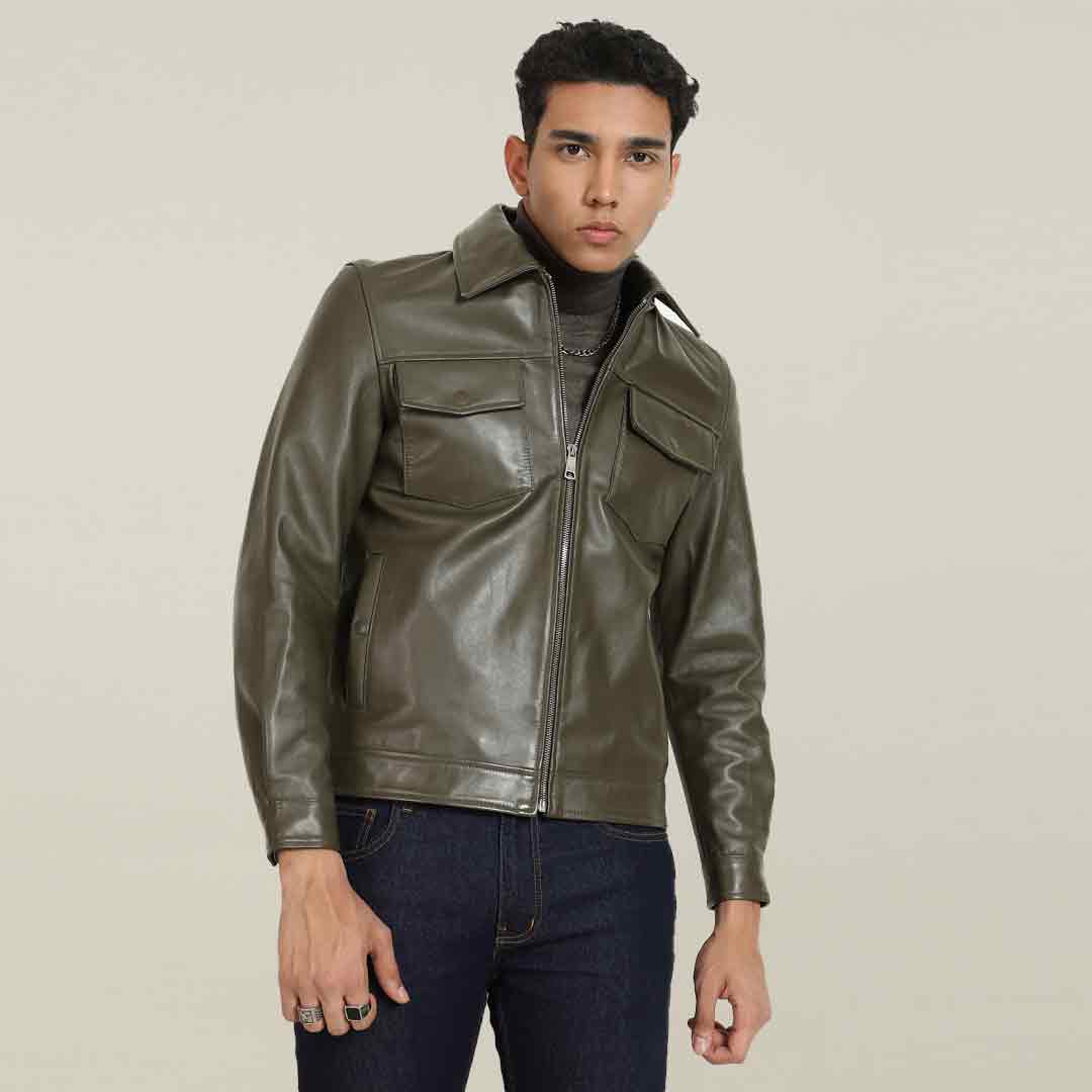 Saint Ruben Olive Leather Men's Jacket With Collars