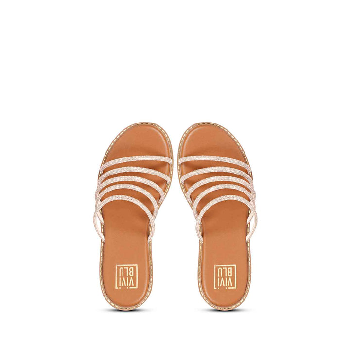 ViviBlu Tan Leather Flat Sandals Embellished With Gold Straps