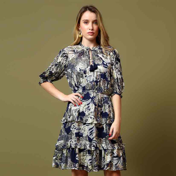 Saint Haydee Womens Blue Colour Printed Viscose Lurex Dress