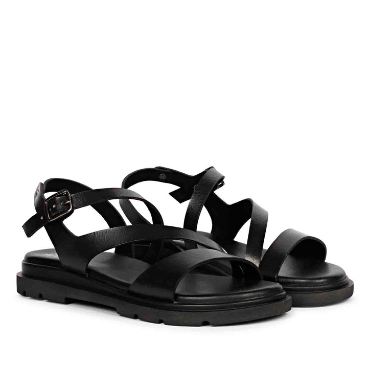 ViviBlu Black Leather Flat Sandals