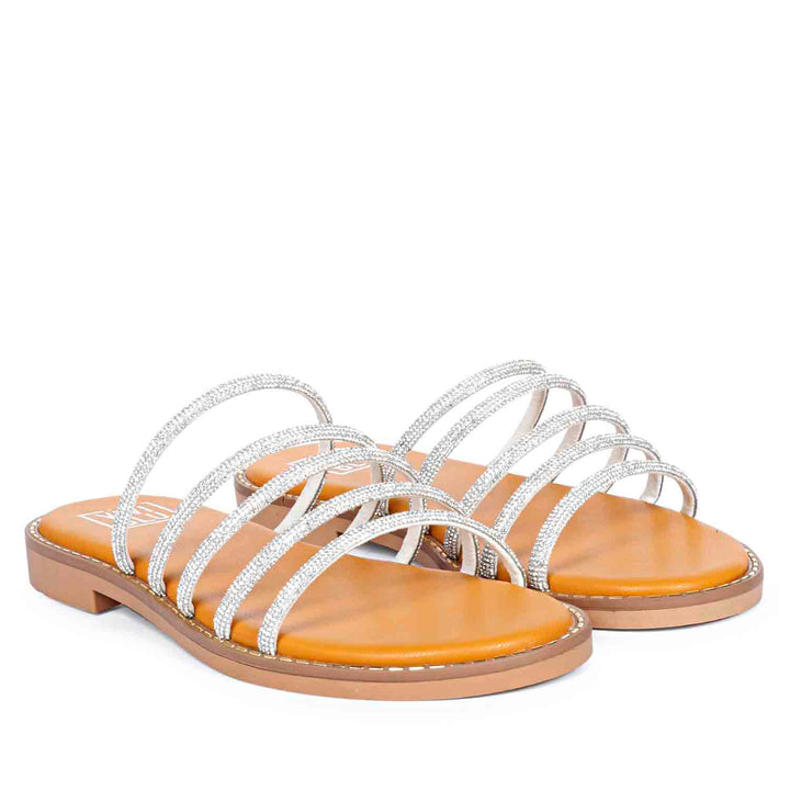 ViviBlu Musturd Leather Flat Sandals Embellished With White Straps