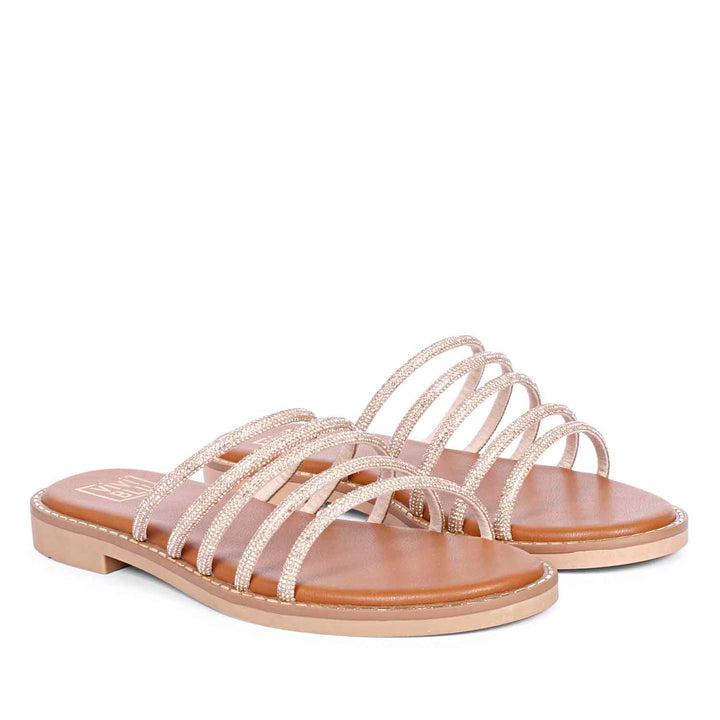 ViviBlu Tan Leather Flat Sandals Embellished With Gold Straps