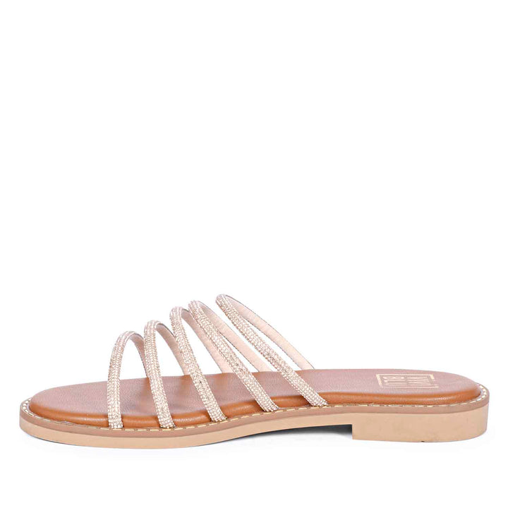 ViviBlu Tan Leather Flat Sandals Embellished With Gold Straps