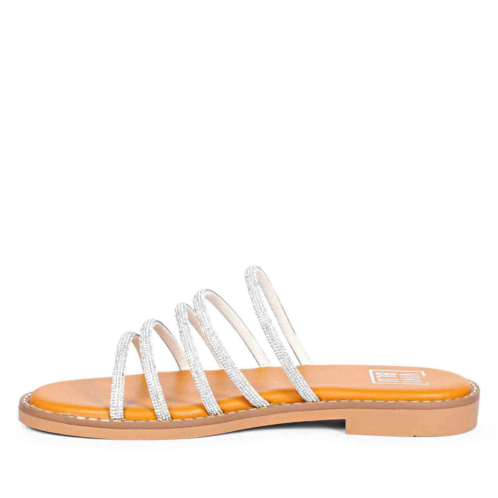 ViviBlu Musturd Leather Flat Sandals Embellished With White Straps