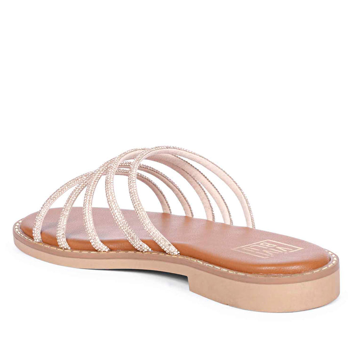 ViviBlu Tan Leather Flat Sandals Embellished With Gold Straps