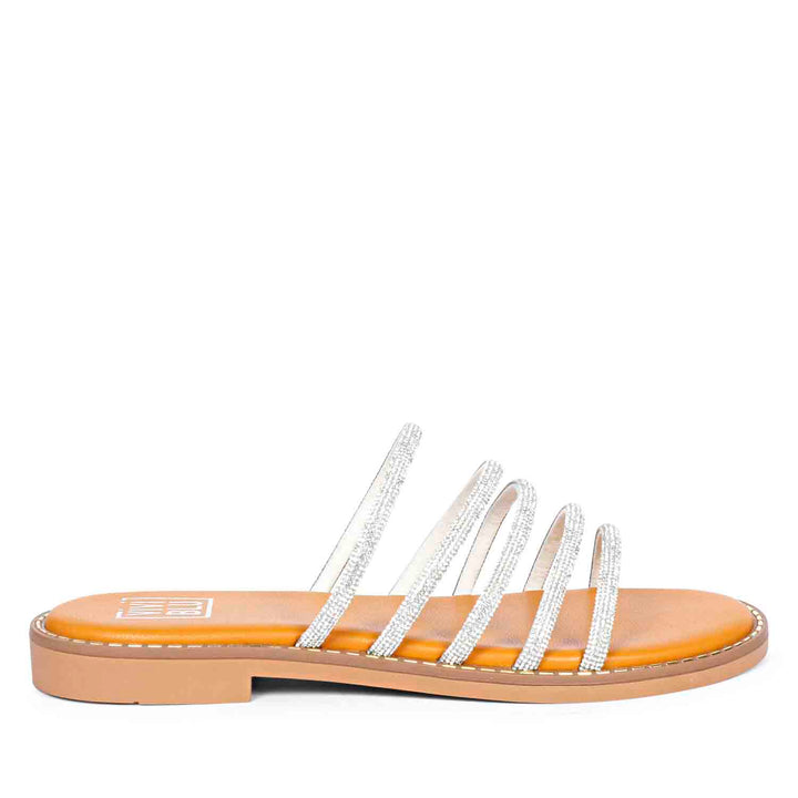 ViviBlu Musturd Leather Flat Sandals Embellished With White Straps