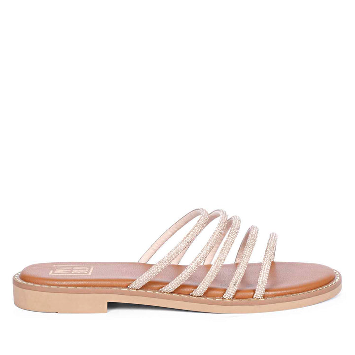 ViviBlu Tan Leather Flat Sandals Embellished With Gold Straps