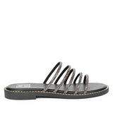 ViviBlu Black Leather Flat Sandals Embellished With Gun Metallic Straps