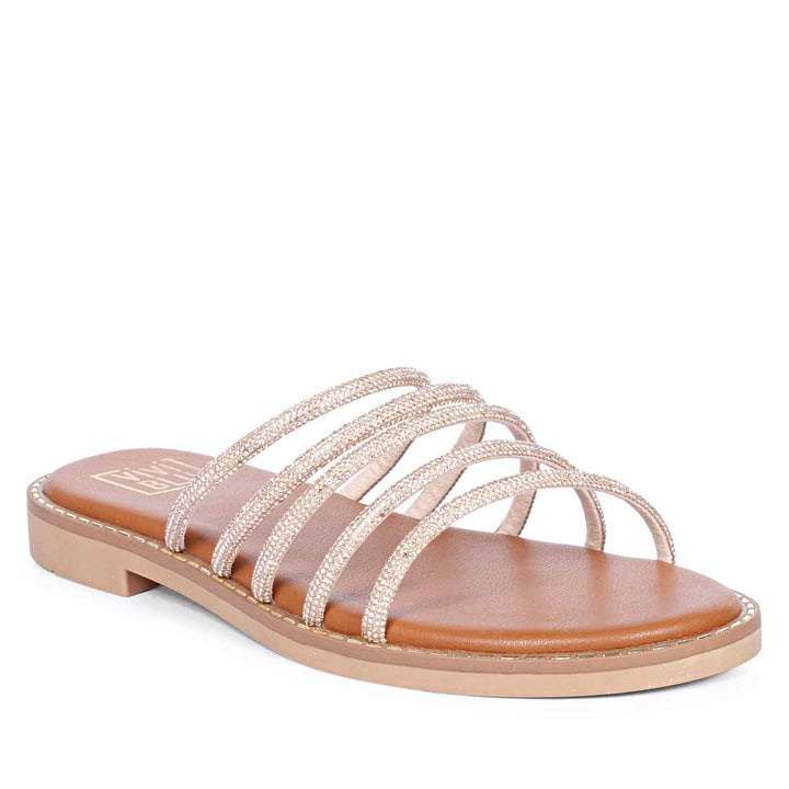 ViviBlu Tan Leather Flat Sandals Embellished With Gold Straps