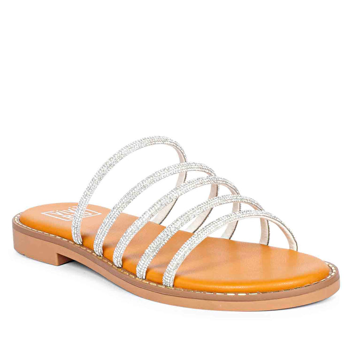 ViviBlu Musturd Leather Flat Sandals Embellished With White Straps