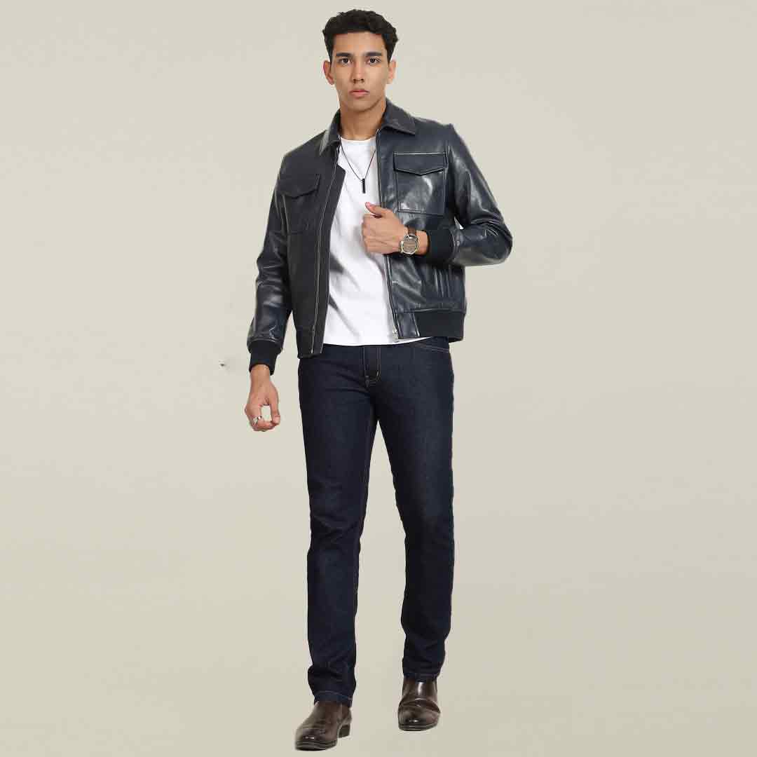 Saint Simon Blue Leather Men's Jacket With Collars