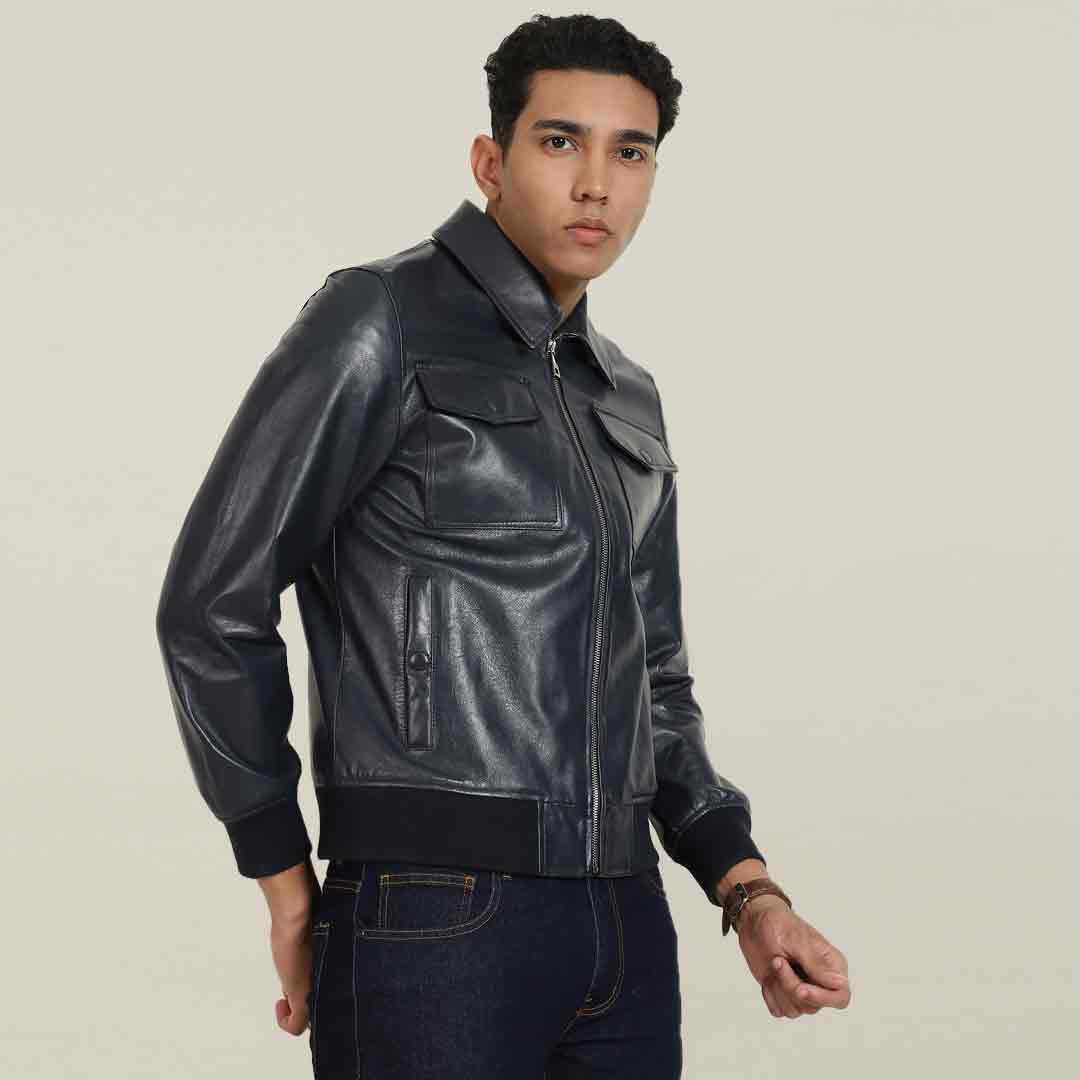 Saint Simon Blue Leather Men's Jacket With Collars