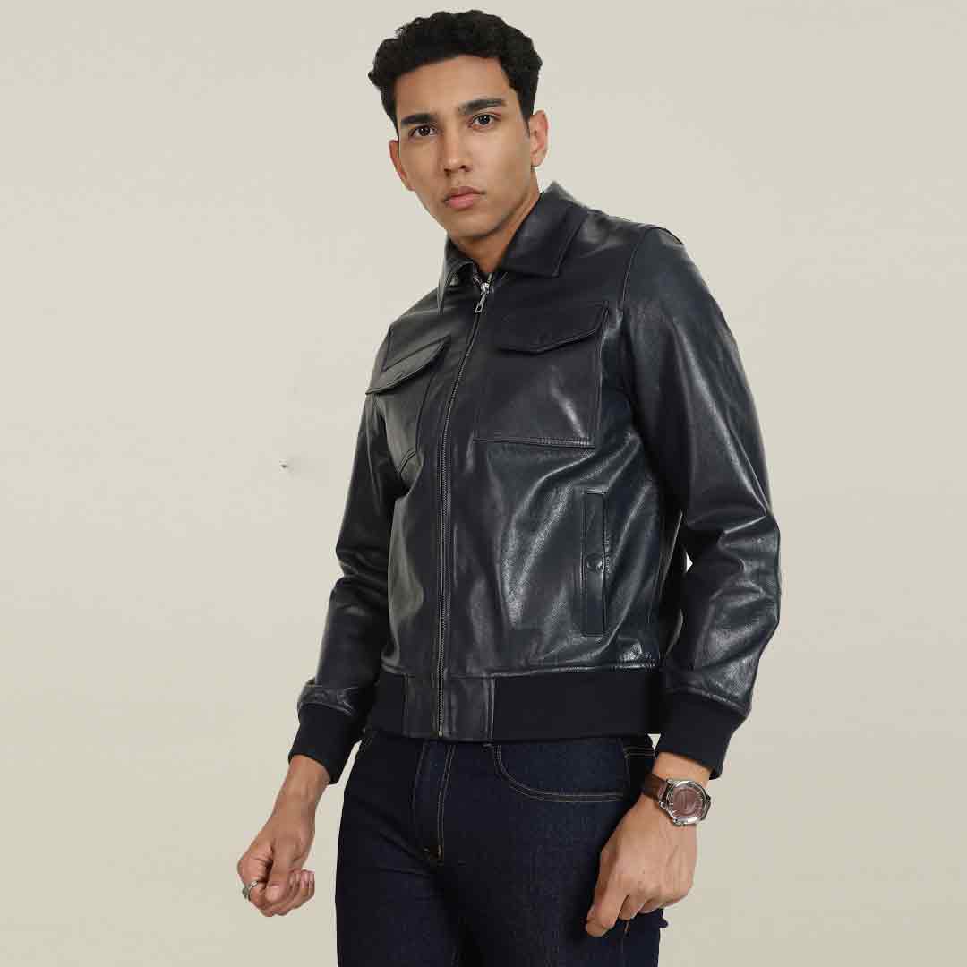 Saint Simon Blue Leather Men's Jacket With Collars