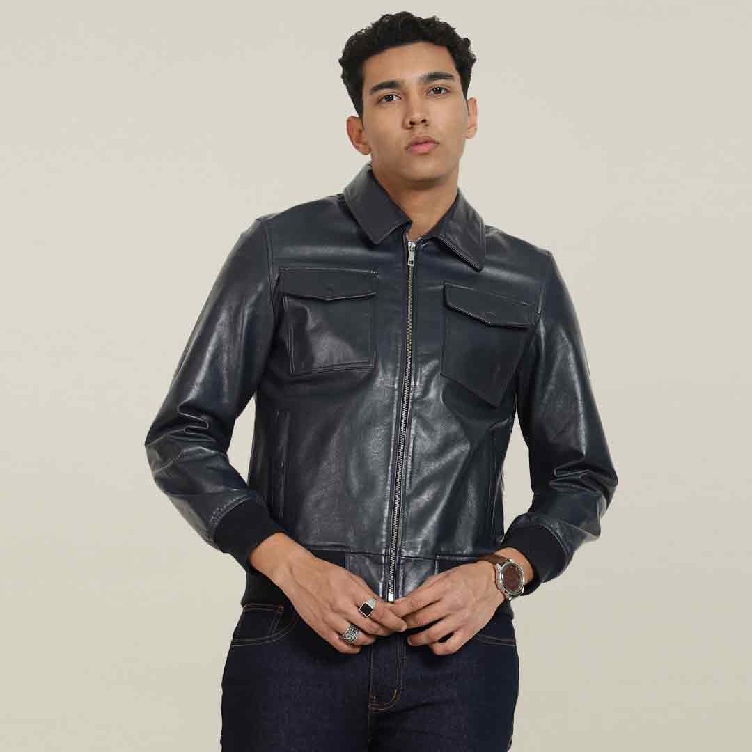 Saint Simon Blue Leather Men's Jacket With Collars