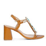 Saint Lucia Blue Stone Embellished Cuoio Leather Block Heels