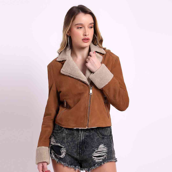 Saint Arlene Women Tan/Beige Leather Cafe Racer Jacket