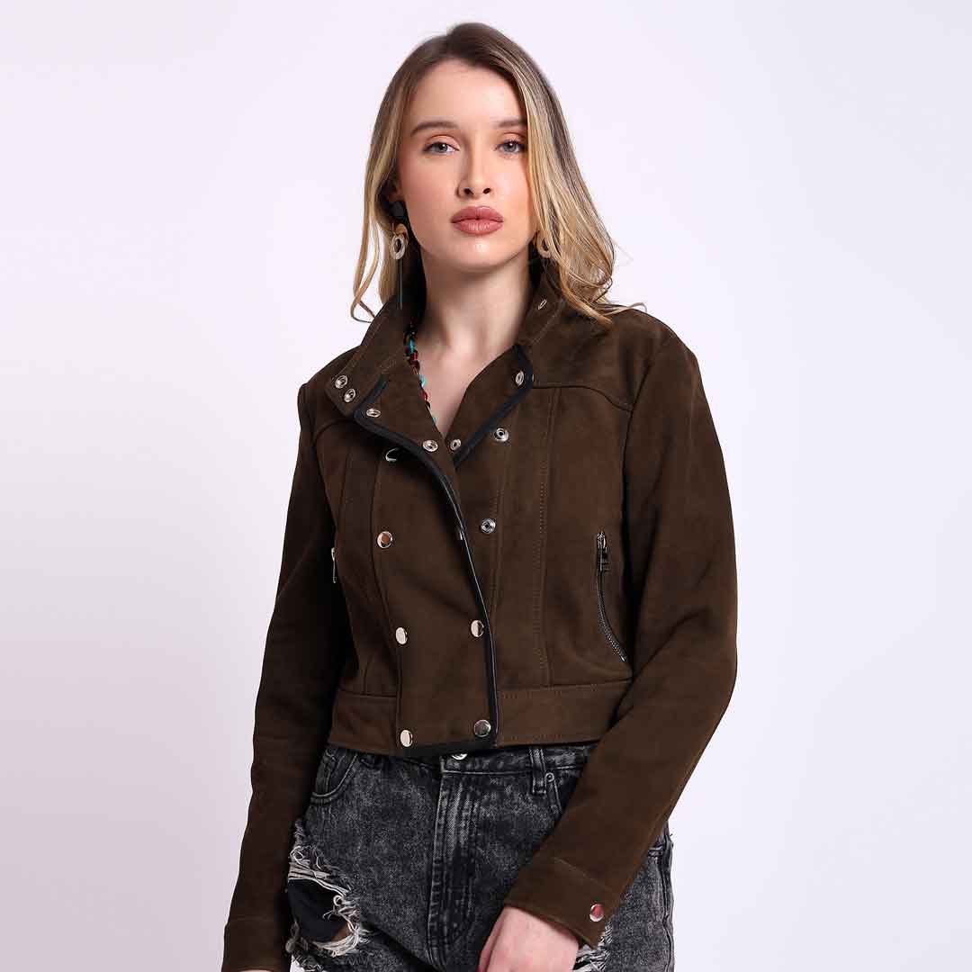 Saint Alora Olive Suede Leather Women Collar Jackets