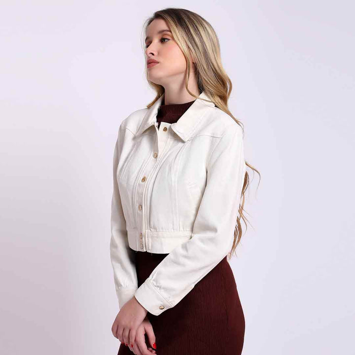 Saint Noemi White Leather Women Collar Jackets