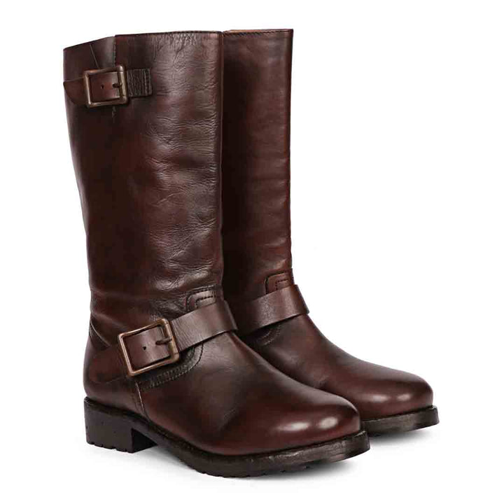 Saint Adette Buckle Decor Brown Leather Calf Boots