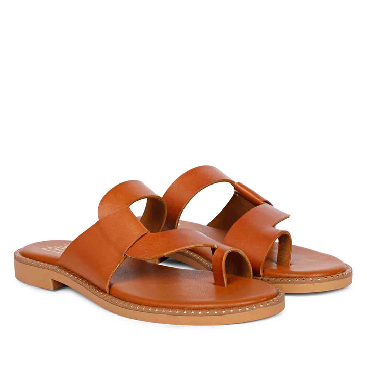 ViviBlu Tan Leather Flat Sandals