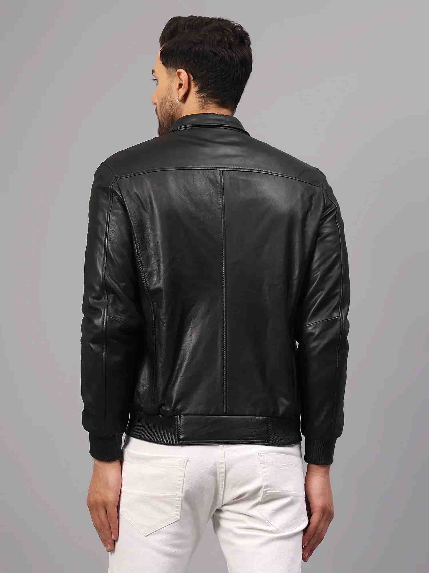 Black Wool Fur Collar Patched Leather Bomber Jacket – PalaLeather