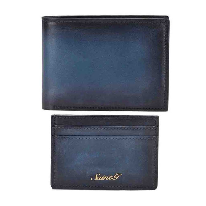 Blue Italian Leather Men's Wallet Set