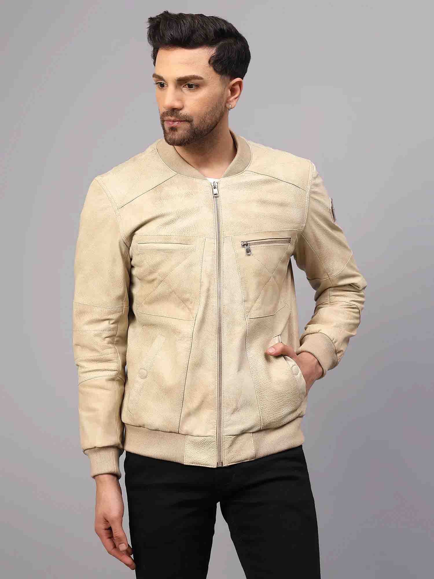 Saint Edith Beige Leather Men's Bomber Jackets – SaintG India