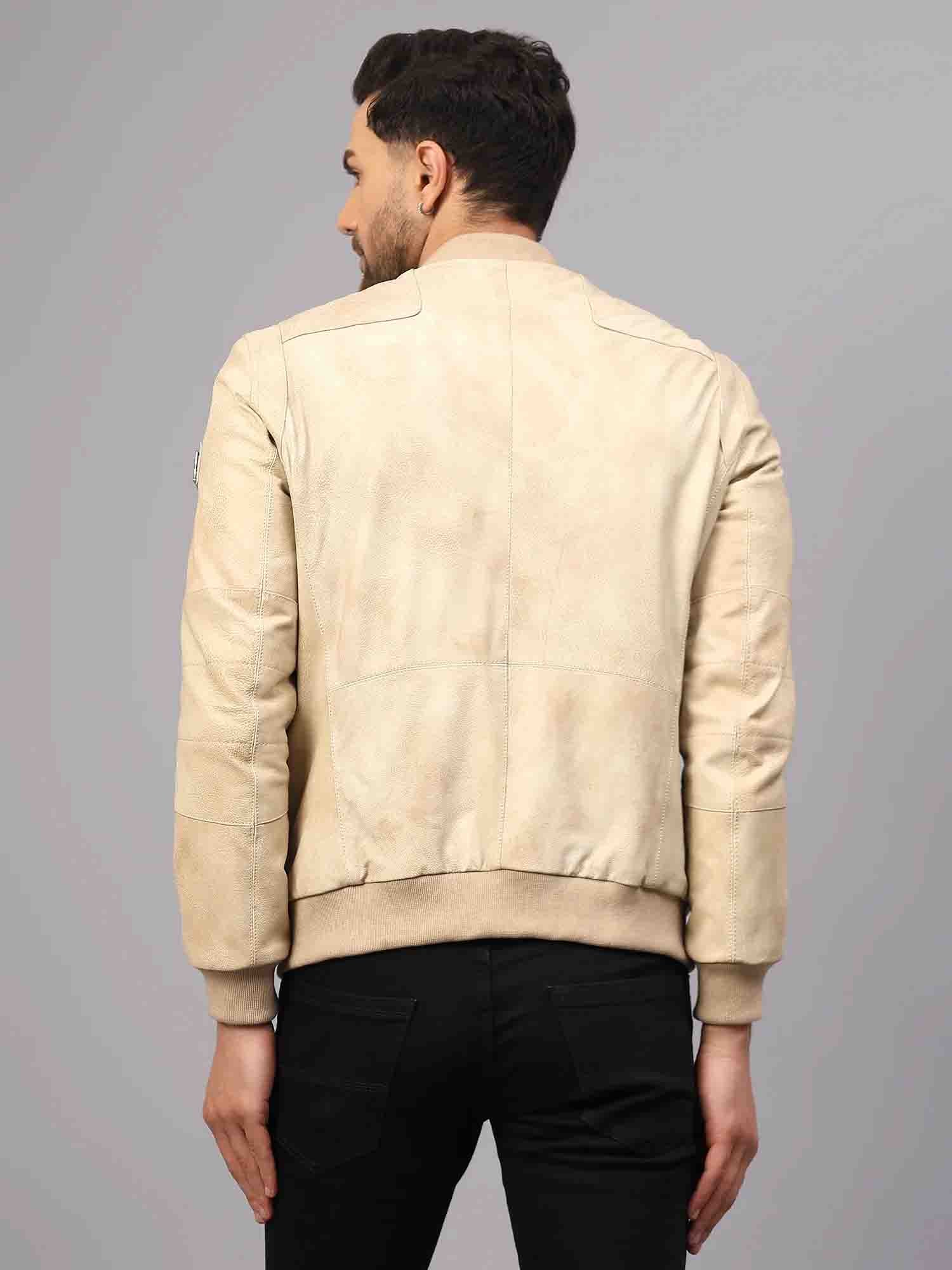 Men's Camel Suede Leather Jacket | Stylish Mandarin Collar