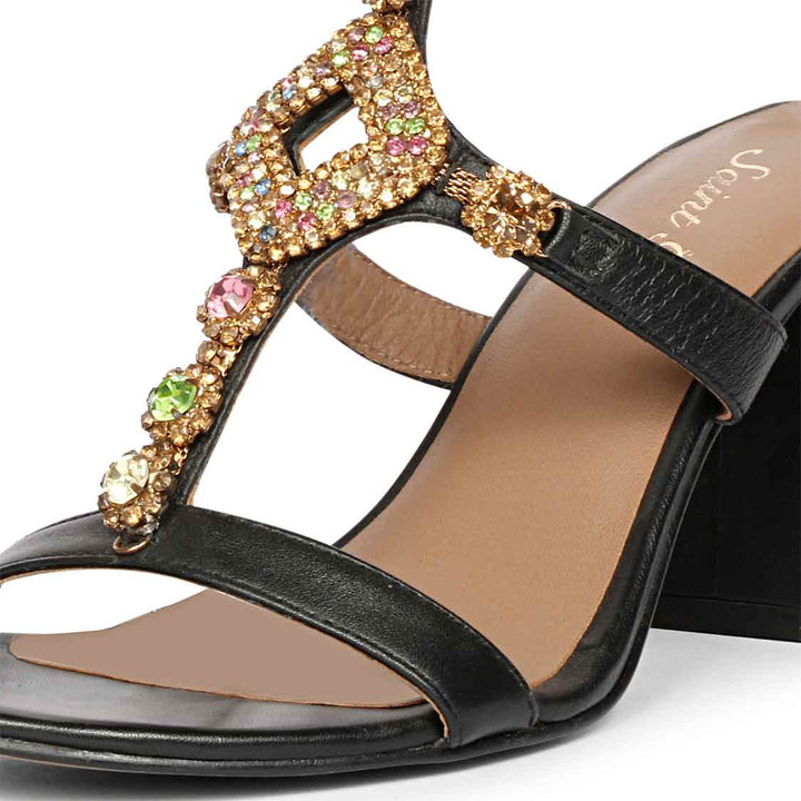 Saint Elettra Multi Stone Embellished Black Leather Block Heels