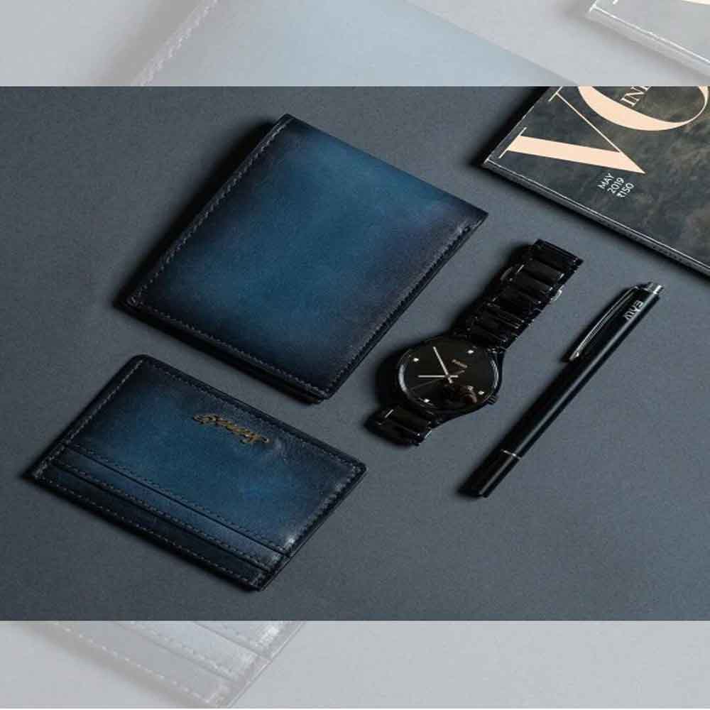 Blue Italian Leather Men's Wallet Set