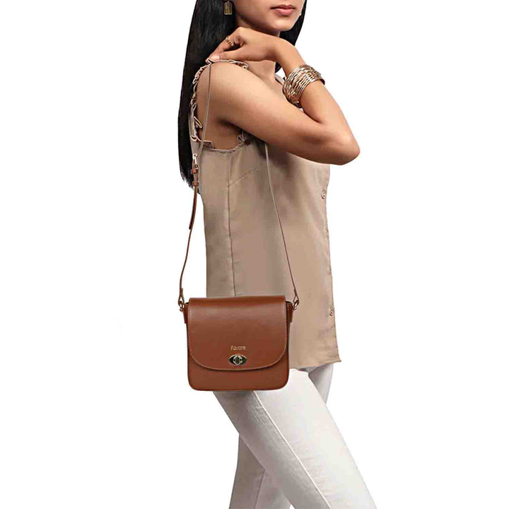 Favore Tan Womens  Leather Structured Sling Bag