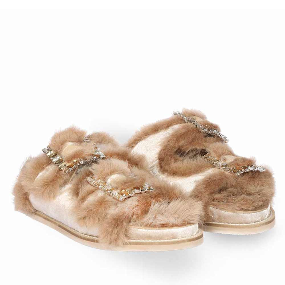 Saint Gemma Crystal Buckle Beige Fur Snug Sandals