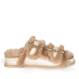 Saint Gemma Crystal Buckle Beige Fur Snug Sandals