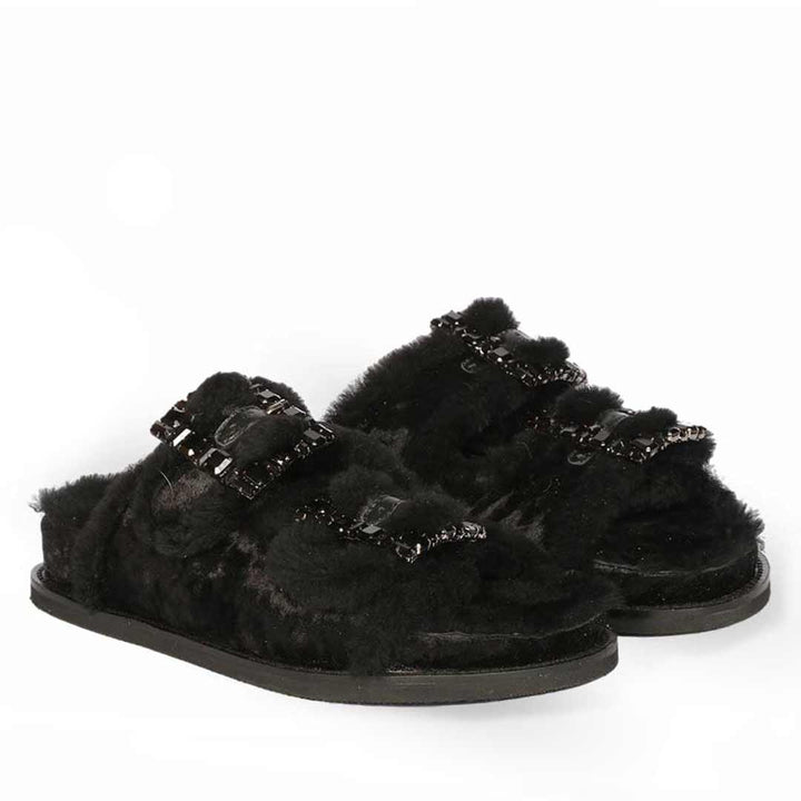 Saint Gemma Crystal Buckle Black Fur Snug Sandals