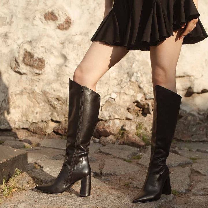 Saint Celia Black Leather Block Heel Long Boots