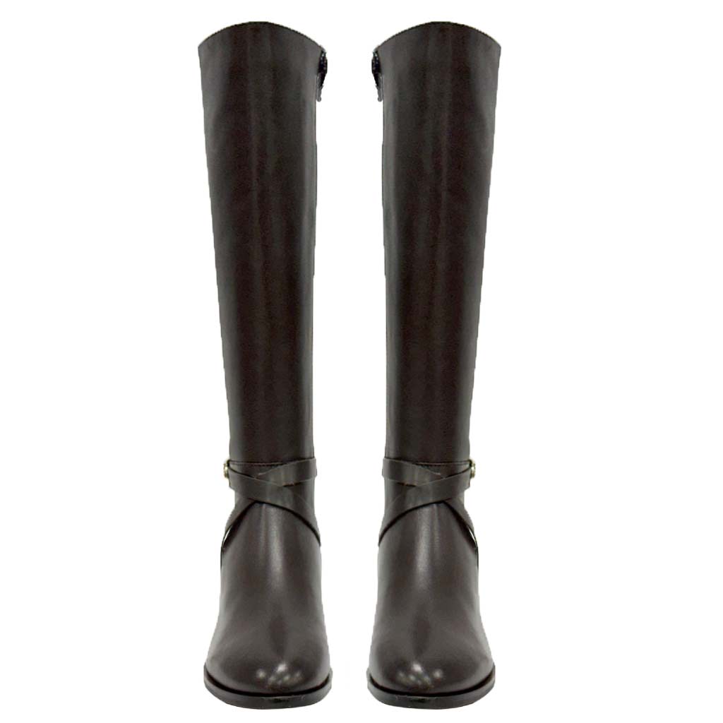 Saint Damaris Dark Brown Leather Buckle Decor Knee High Boots