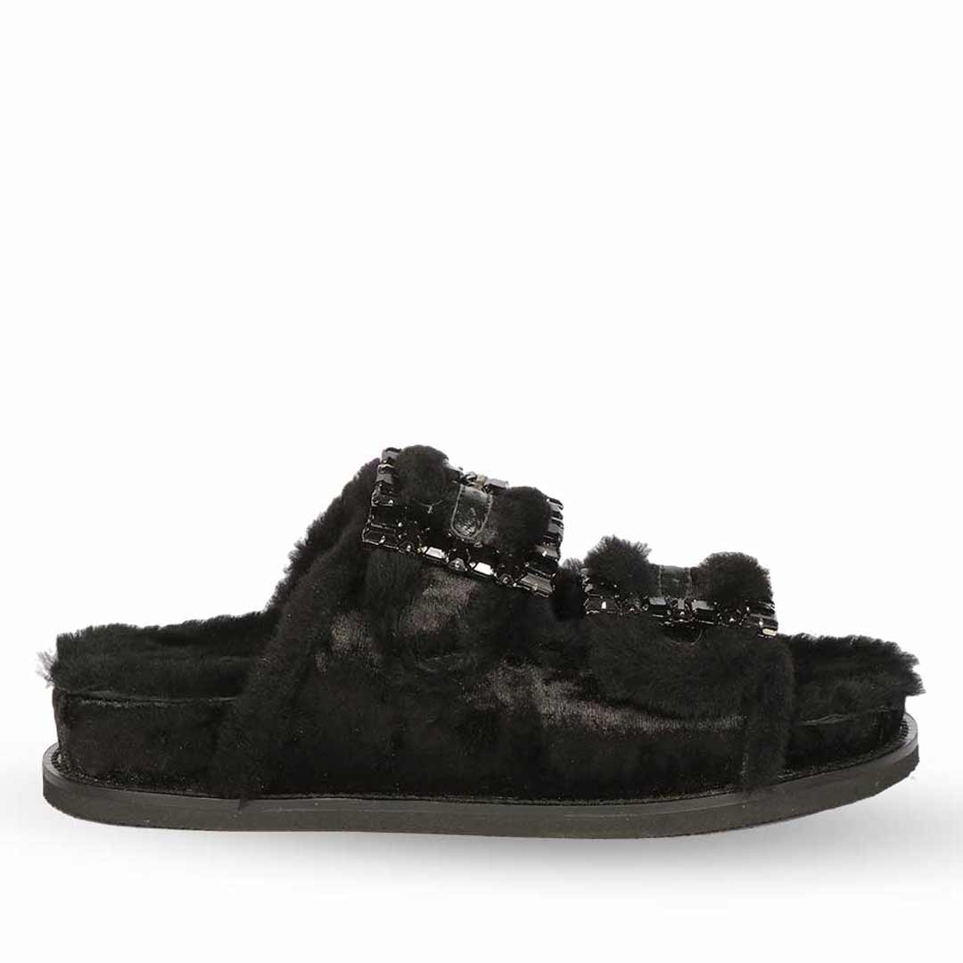 Saint Gemma Crystal Buckle Black Fur Snug Sandals