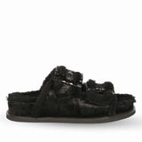 Saint Gemma Crystal Buckle Black Fur Snug Sandals