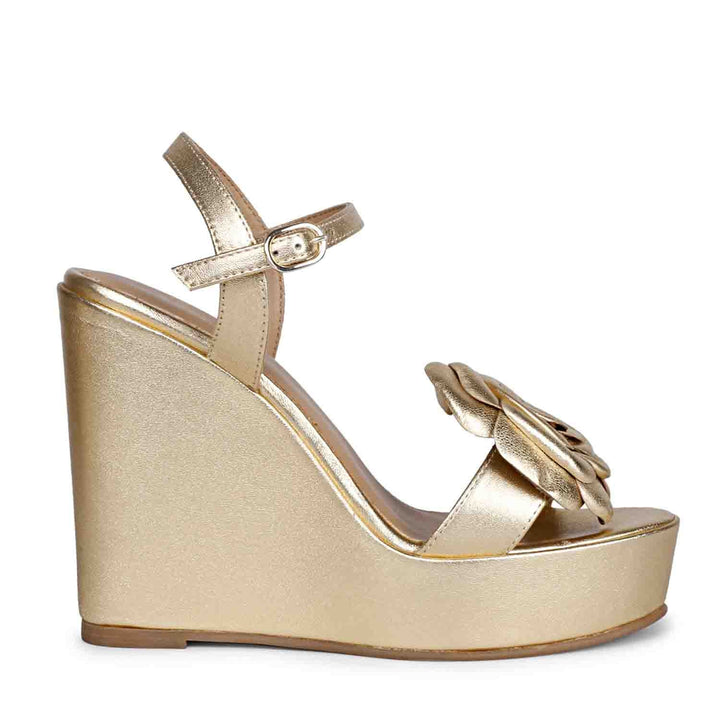 Saint Vanessa Gold Metallic Leather Floral Wedge Heels