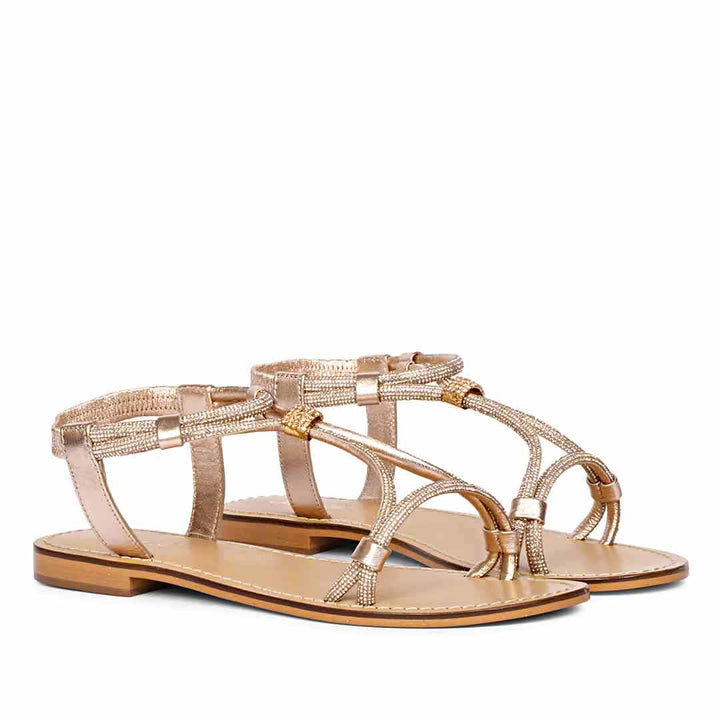 Saint Andrea Crystal Cord Rose Gold Leather Flat Sandals