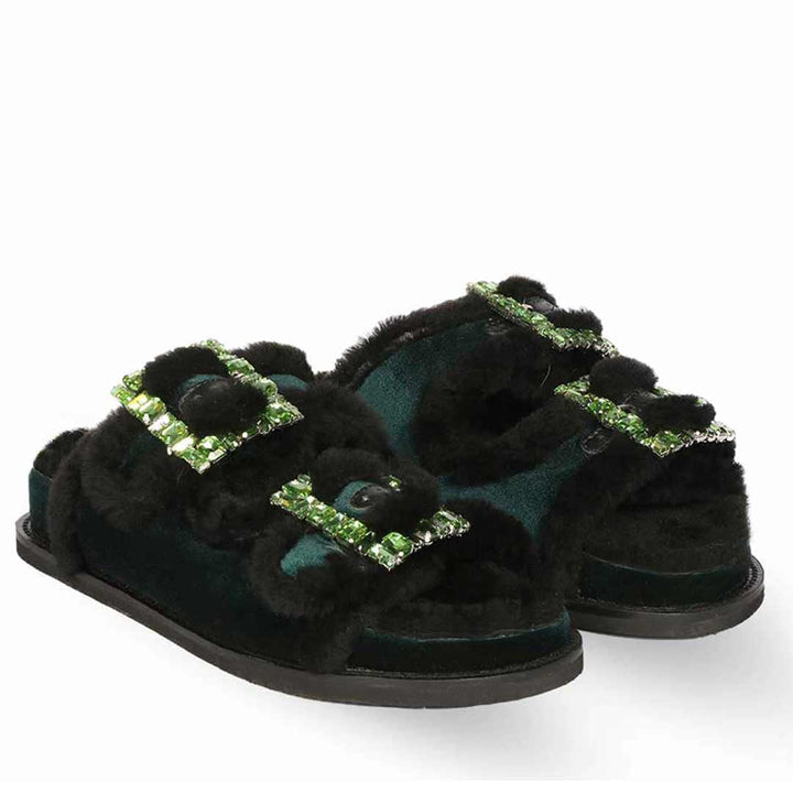 Saint Gemma Crystal Buckle Green Fur Snug Sandals