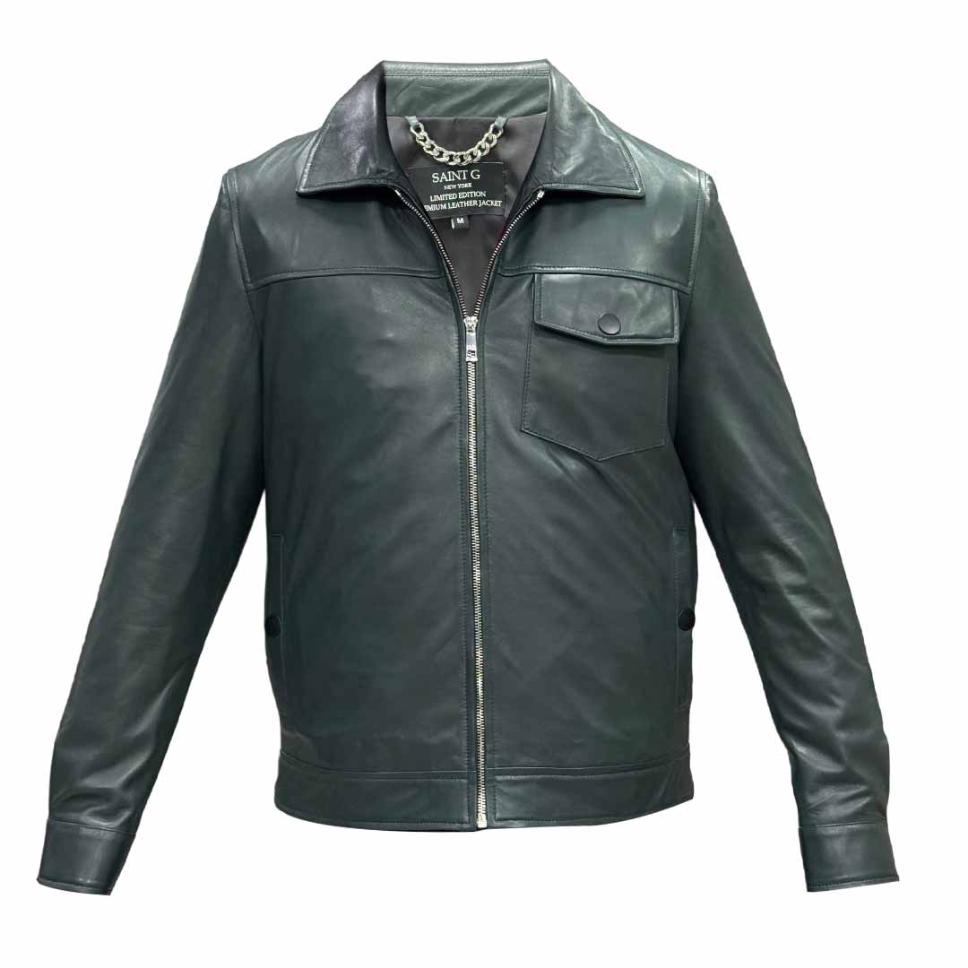 Saint Gerardo Green Leather Men's Jacket With Collars